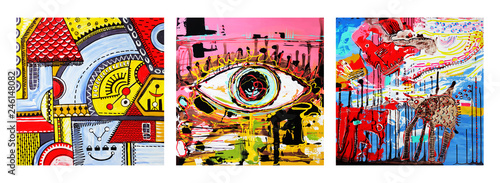 set of unusual original art abstract composition of human eye and abstract composition