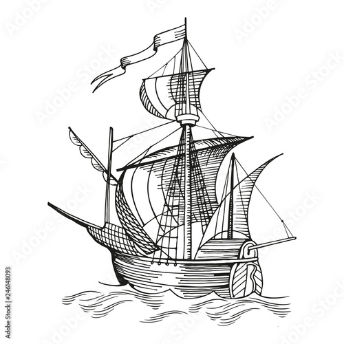 Old caravel, vintage sailboat. Hand drawn sketch. Detail of the old geographical or fanasy maps of sea.
