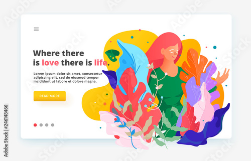 Modern fluid style website illustration. Web page design template. Woman in fantasy leaves and flowers.