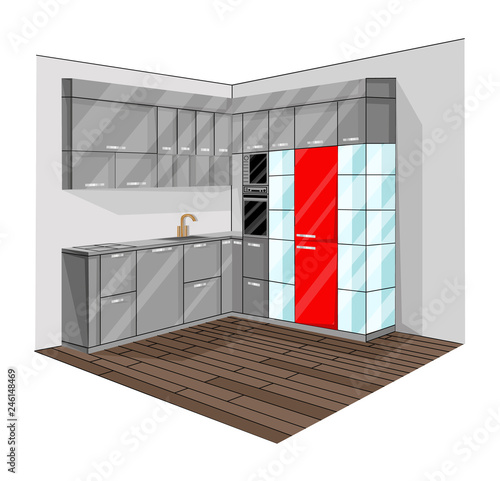 Kitchen design Vector. Flat style interior backgrounds. Red and grey colors