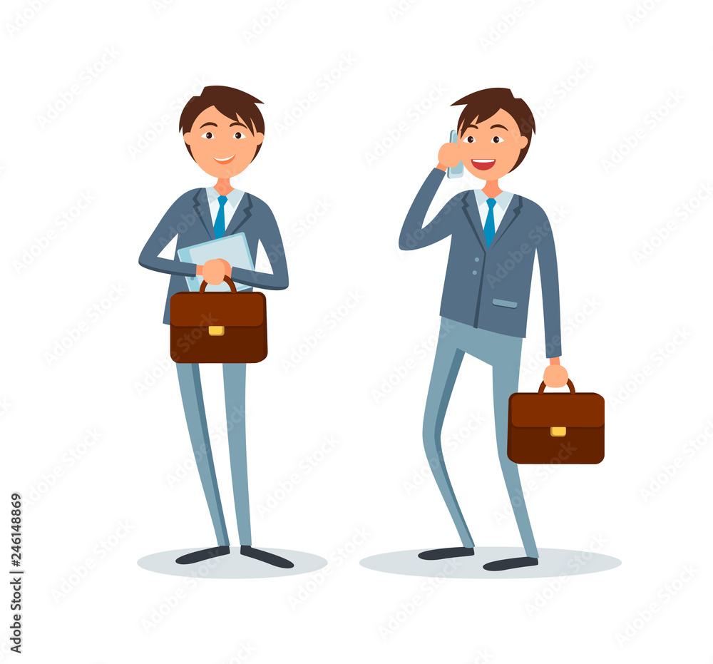 Consultants at suits isolated vector. Businessman talking on cell mobile phone with clients. People busy at work, boss solving problems, executives with briefcase Consultants at suits isolated vector. Businessman talking on cell mobile phone with clients. People busy at work, boss solving problems, executives with briefcase