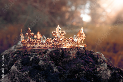 mysterious and magical photo of gold king crown over the stone covered with moss in the England woods or field landscape with light flare. Medieval period concept. Toned and filtered. photo