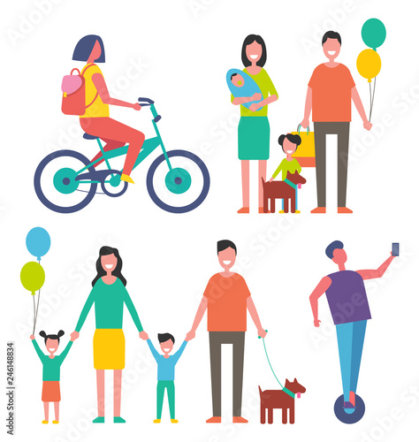Scooter hoverboard  man riding modern transport  woman on bike bicycle ride. Family father and mother with dog and daughter holding balloon vector
