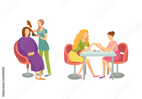 Spa salon, hair styling and manicure hand treatment, nails polishing vector. Manicurist and hairdresser, client in chair, woman professional beautician