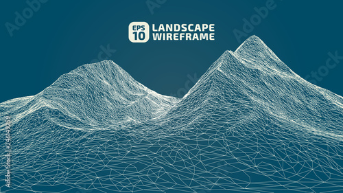 Abstract wireframe background. 3D grid technology illustration landscape. Digital Terrain Cyberspace in the Mountains with valleys. Data Array. | EPS10 Vector.
