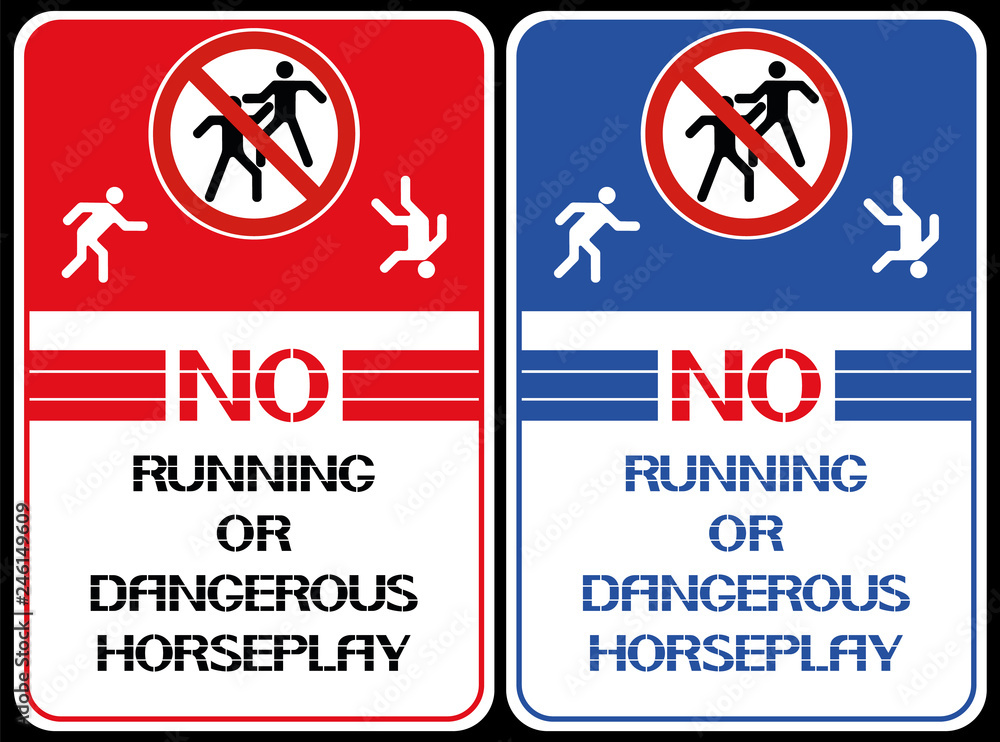 No running or dangerous horseplay. A poster that restricts certain actions in a given territory.