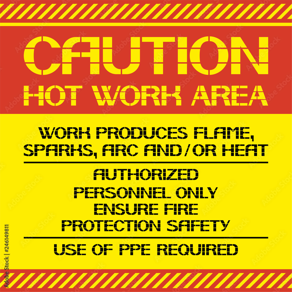 Caution. Hot work area. A warning poster about certain dangerous jobs in a given territory.