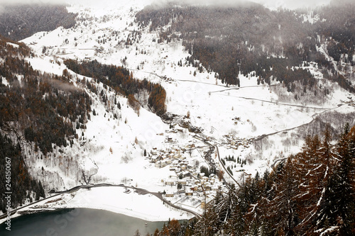 Madesimo covered in snow from top view photo