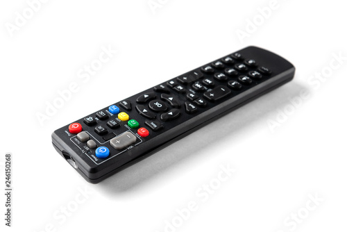 Black TV remote control isolated on white background.