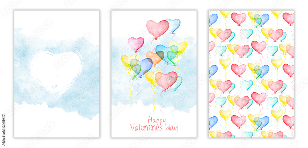 Happy Valentines day three-way card cover with watercolor air balloons in form of hearts. Hand drawn aquarelle illustration, love holiday sign, postcard design