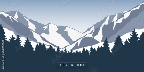 adventure in snowy mountain and forest nature landscape vector illustration EPS10