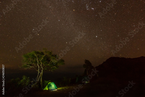 Camping fire under the amazing starry sky