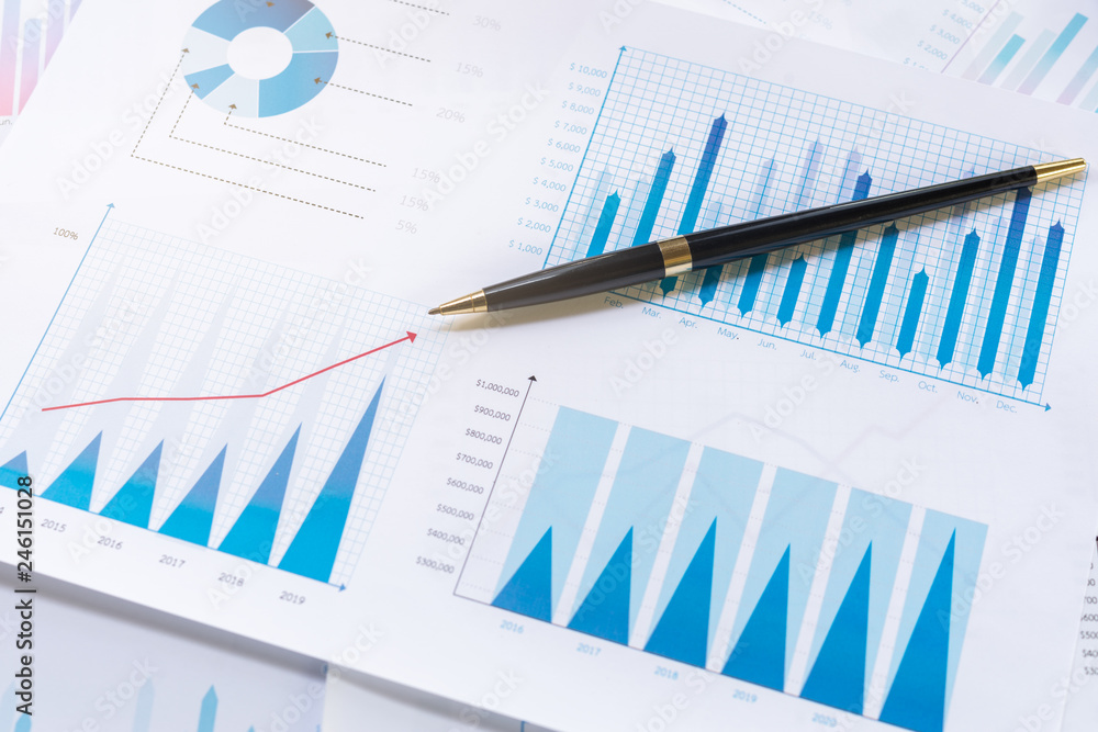 Close up a Pen on Business Graphs finance document. Close up a Pen on Business Graphs finance document.
