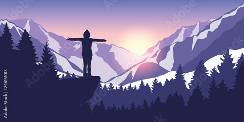 hiking adventure in snowy mountain girl on a cliff in at sunrise vector illustration EPS10