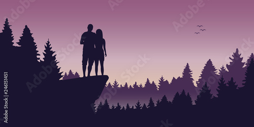 young couple on a cliff in the forest romantic landscape vector illustration EPS10