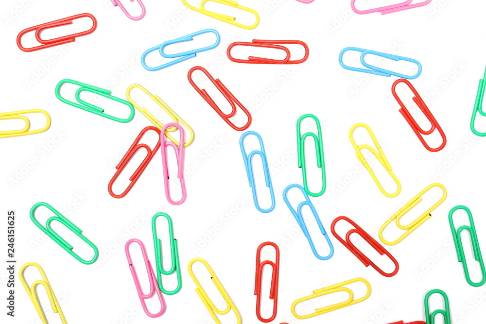 Colorful paperclips isolated on a white background, top view Colorful paperclips isolated on a white background, top view