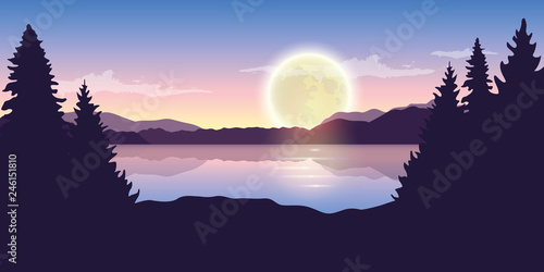 beautiful lake at night with full moon purple nature landscape vector illustration EPS10