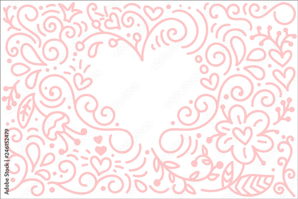 Vector monoline calligraphy background for Happy Valentines Day. Valentine Hand Drawn elements. Holiday sketch doodle Design card with Heart frame. Isolated illustration decor for web, wedding and