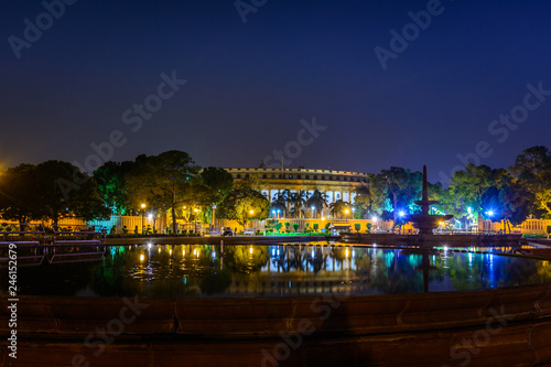 Beautiful view of Indian Parliament House (Sansad Bhavan) at night, New Delhi, India.
 photo
