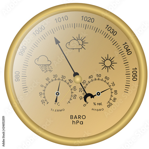 3-in-1 Barometer with Thermometer and Hygrometer colored illustration. Circular analog Barometer indicator vector. Barometer is a instrument used in to measure atmospheric pressure