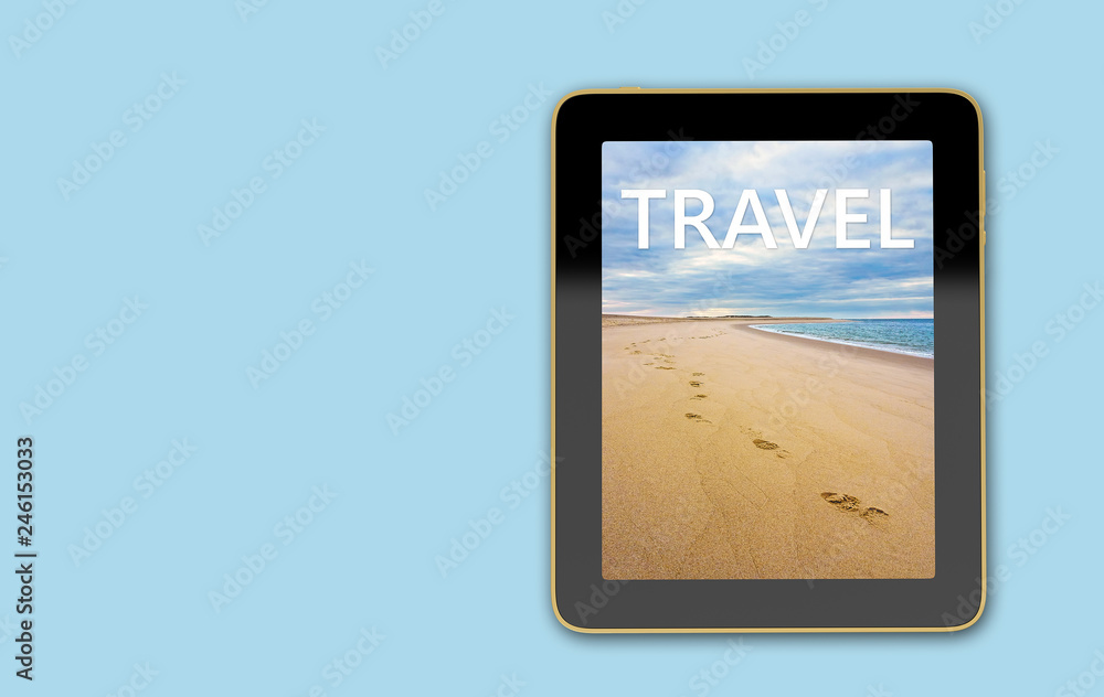 Fototapeta premium Tablet with beach scene on display - Footsteps in the sand - 3D Rendering