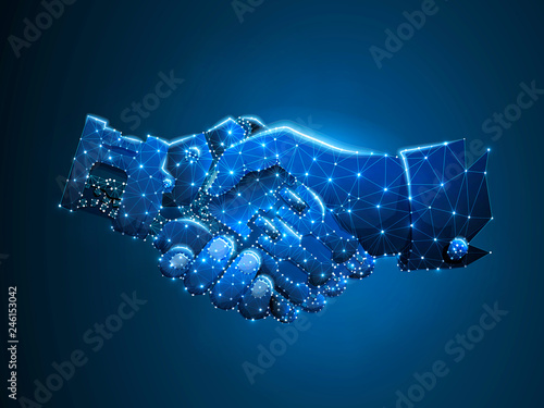 Business human and robot hands shake. Concept future business illustration. Polygonal space low poly with connecting dots and lines. Future wireframe concept. Connection structure. Vector science