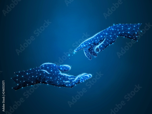 Hands connection, business conversation, Polygonal space low poly with connecting dots and lines. people communication concept. Connection wireframe structure. Vector on dark blue background