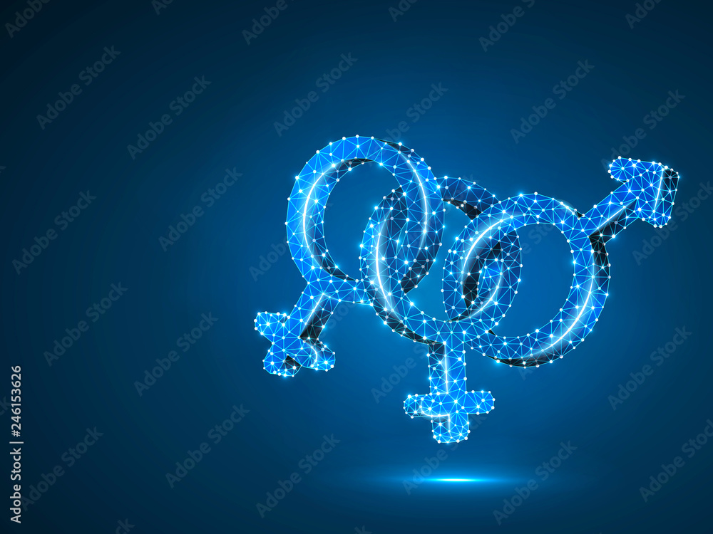 Bisexual pride, people symbol. Wireframe digital 3d illustration. Low poly, man and two women bisexuality concept on blue background. Abstract Raster polygonal neon LGBT sign. RGB color mode