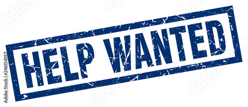 square grunge blue help wanted stamp
