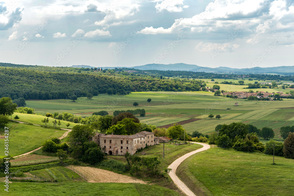 View of the Tuscan countryside from the ramparts of Monteriggioni in the province of Siena