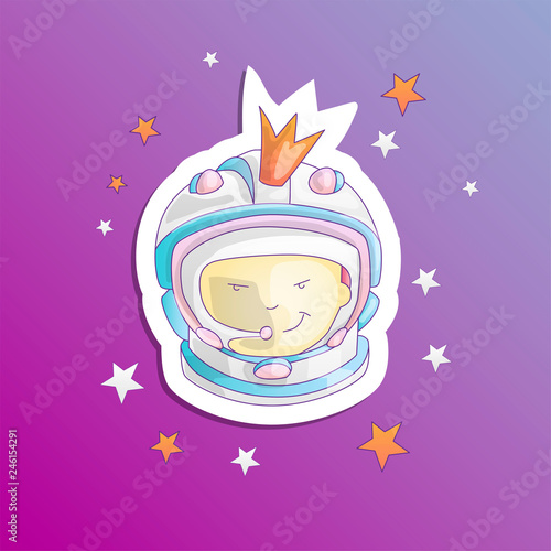 Cute vector cartoon princess feminist concept - cosmonaut, astronaut girl in space helmet and crown. Strong brave princess in cosmos helmet sticker, among stars