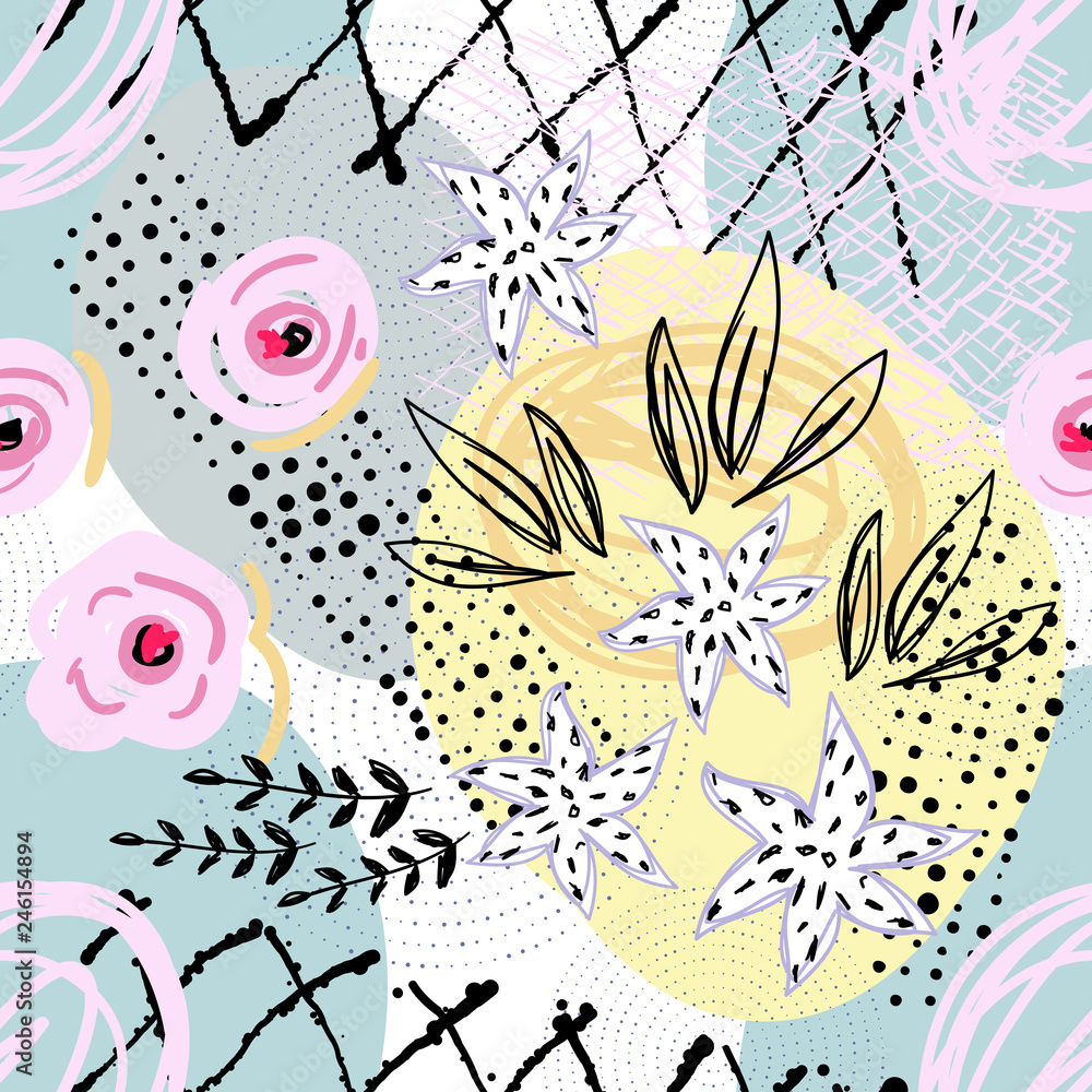 Fototapeta premium Seamless pattern with flowers. Creative universal artistic background. Floral card. Trendy Graphic Design for banner, poster, cover, invitation, placard, brochure, header