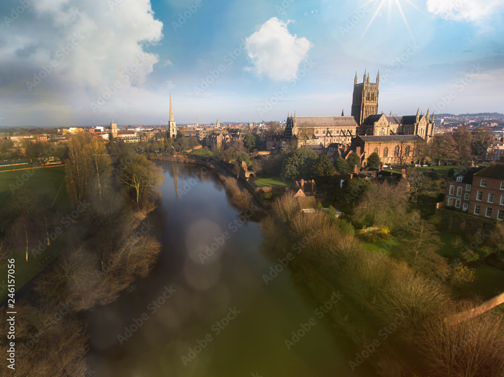 Worcerster city with church, cathedral and river, UK