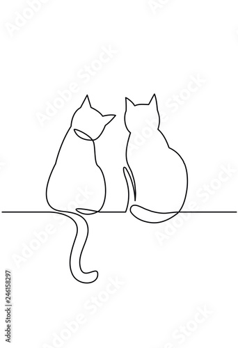 Continuous one line drawing of two happy cats silhouettes.