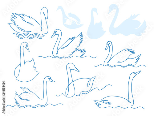 Swan continuous one line drawing vector set.