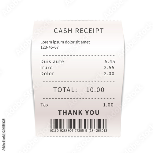 Realistic sales receipt, white shopping bill with text. Paper financial check on white