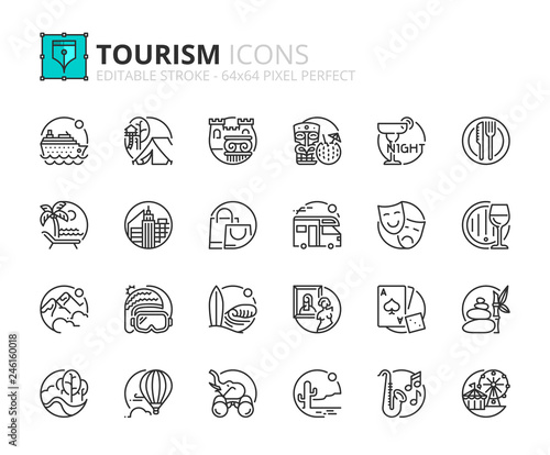 Outline icons about tourism and travel