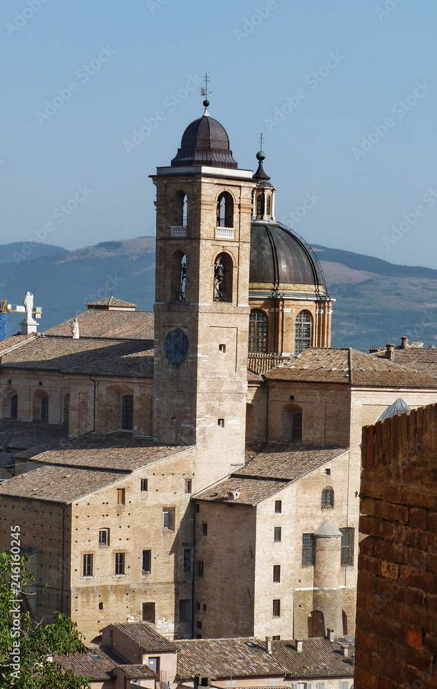 The bell tower and the dome of the cathedral of Urbino, Marche, Italy