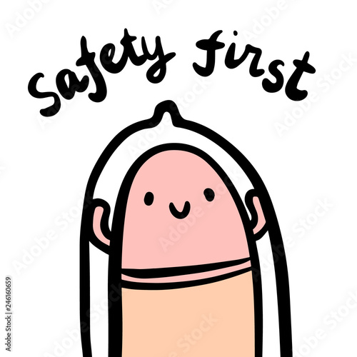 Safety first hand drawn illustration with penis in condom