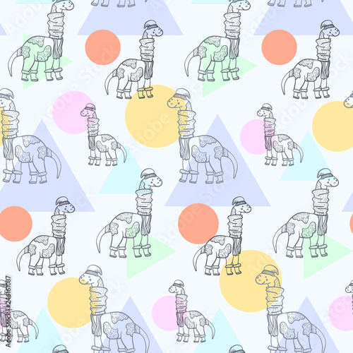 Cute cartoon seamless pattern with outline doodle diplodocus with scarf, boots and hat and geometric shapes. Childish dinosaur sketch texture for kids textile, wrapping paper, surface, cover