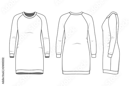 Female dress clothing set. Blank template of raglan sleeves sweatdress in front, back and side views. Casual style. Vector illustration for your fashion design.