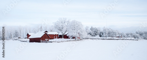 Farm barn and house in a cold winter landscape with snow and frost © Conny Sjostrom