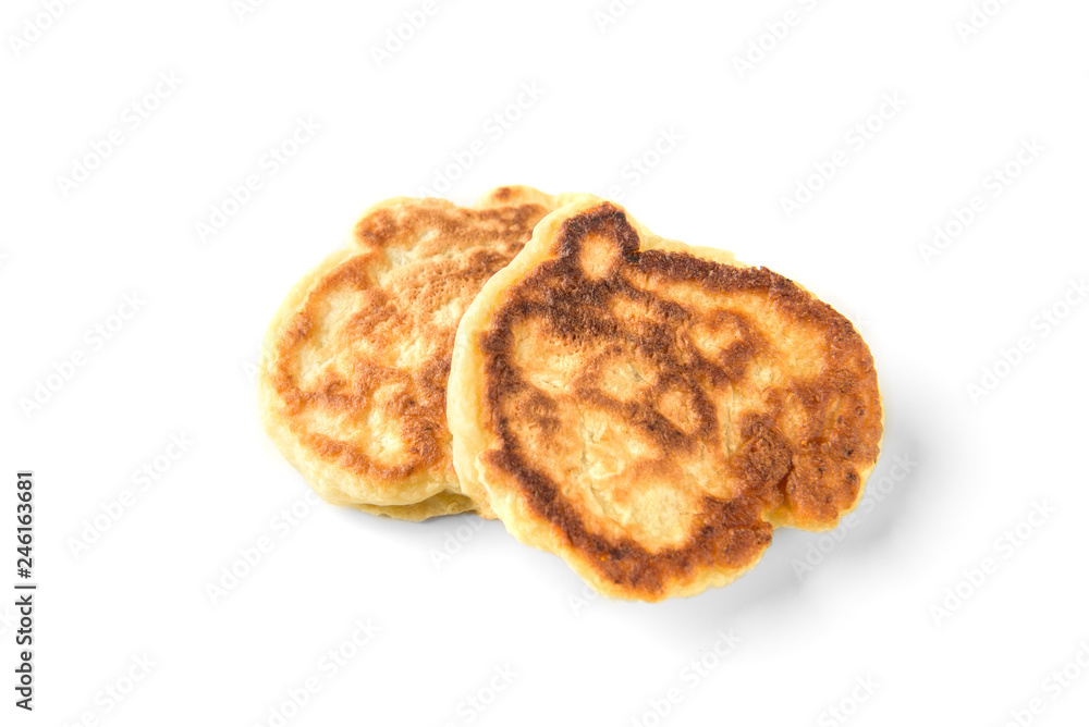 Homemade fluffy pancakes isolated on white background. Russian, Belarusian food. Homemade fluffy pancakes isolated on white background. Russian, Belarusian food.