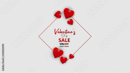     Promo Web Banner for Valentine's Day Sale. Beautiful Background with Red Hearts. Vector Illustration with Seasonal Offer. - Vector 