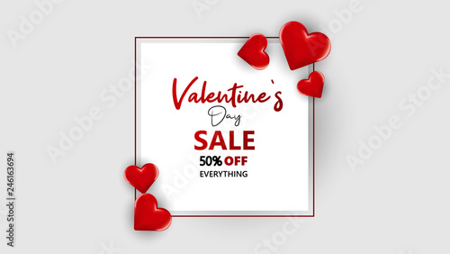     Promo Web Banner for Valentine's Day Sale. Beautiful Background with Red Hearts. Vector Illustration with Seasonal Offer. - Vector 