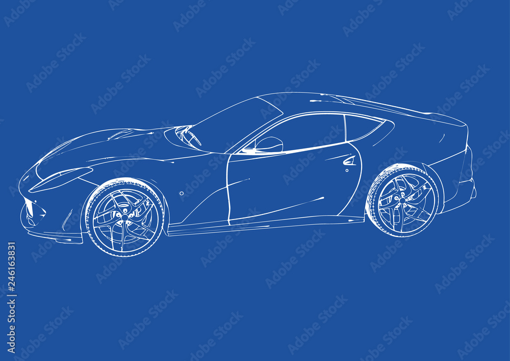 drawing of a sports car blue background vector