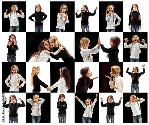The collage of different human facial expressions, emotions and feelings of young teen or child girls. Human emotions, facial expression concept.