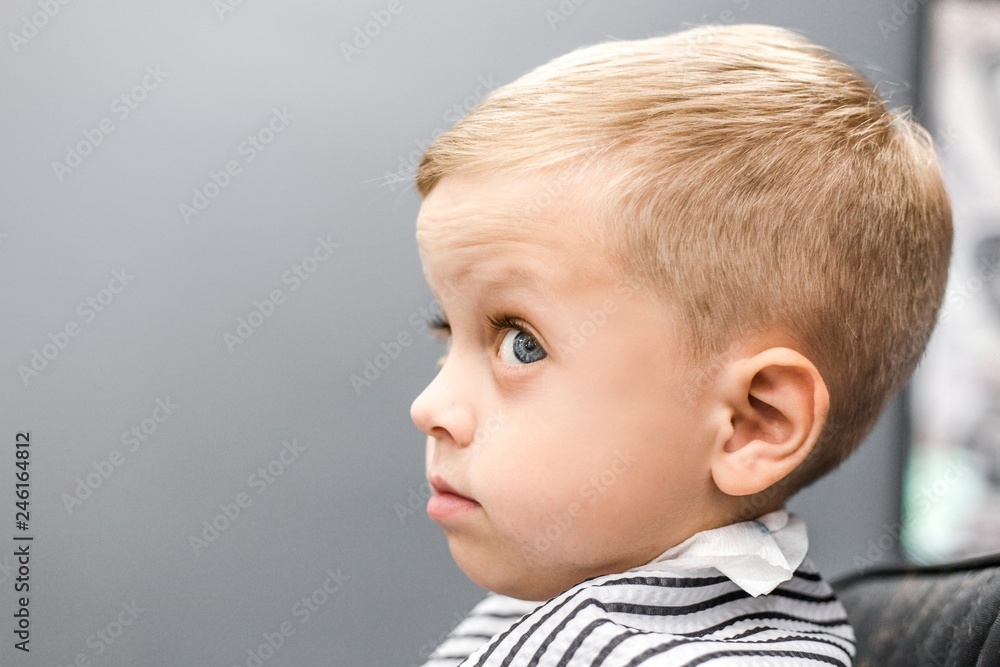 Little blond boy with blue eyes sitting in the Barbershop Little blond boy with blue eyes sitting in the Barbershop