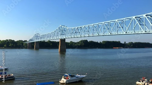 View of Ohio River and Glover Cary Bridge in Owensboro, Kentucky. Shot from Smothers Park. Right to left camera movement.