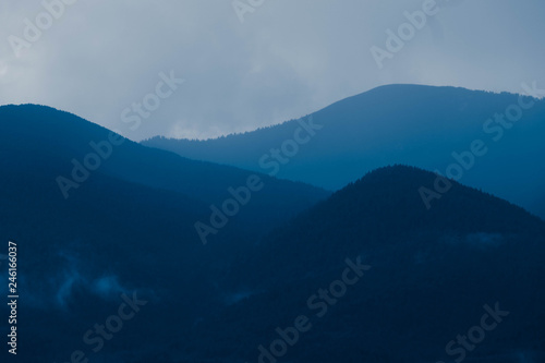 Photo depicting beautiful a foggy mystic mountains. Fog clouds at the pine tree mystical woods, morning. Europe, mysterious alps landscape.